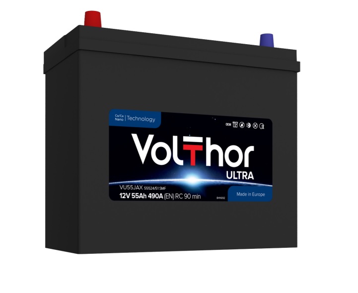 Акумулятор легковий VOLTHOR 6СТ-55(1) JIS (490А) ULTRA 12B, 55Ah, 490A, плюс ліворуч (L+) кальцієвий (Ca/Ca) 236X131X205(225) мм (301155)